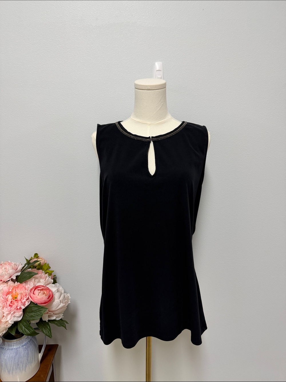 White House Black Market Black Sleeveless Keyhole Tank with Beaded Neckline